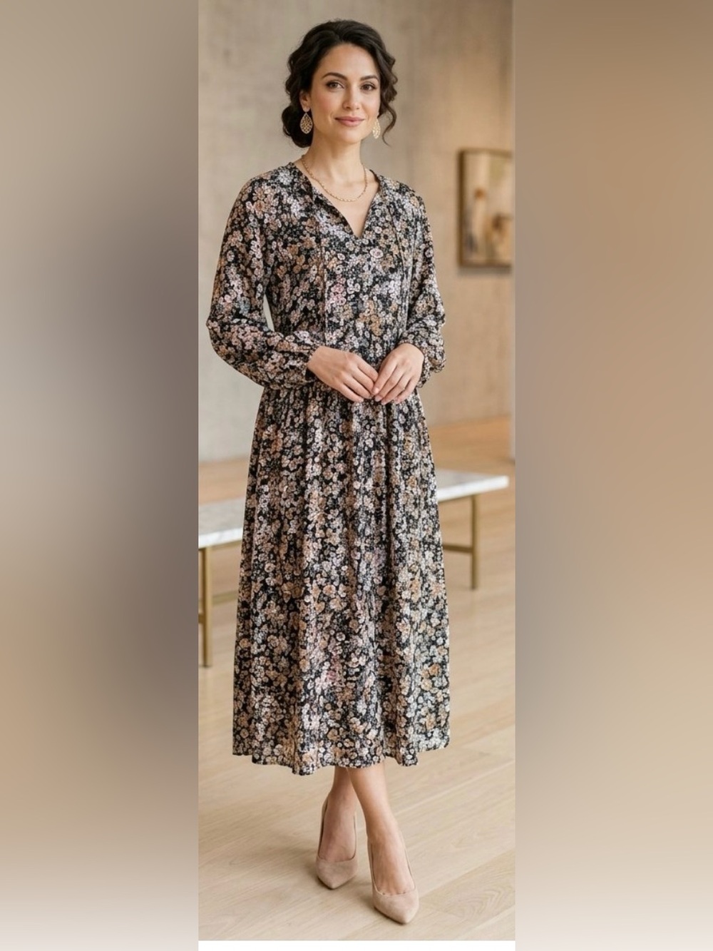 NWT Mia Joy Boho Floral Long Sleeve Midi Dress size XS but could fit a small.
